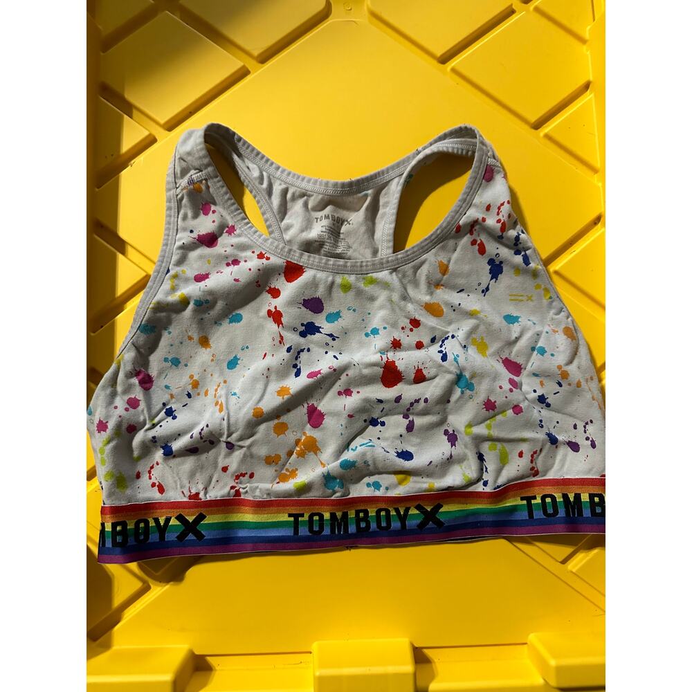 TomboyX Paint Splatter Rainbow Sports Bra SZ XL